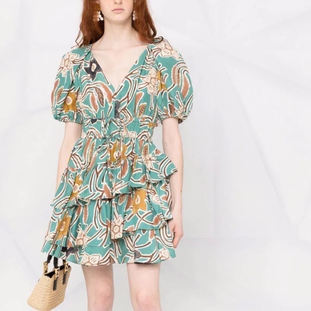 Ulla Johnson- NWOT “Farrah” Teal Floral Silk Ruffle Mini Dress